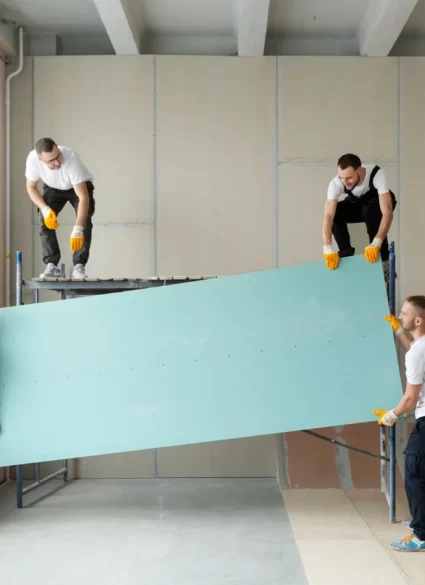 Imagem de instaladores levantando placa de drywall para colocar fixar na parede.