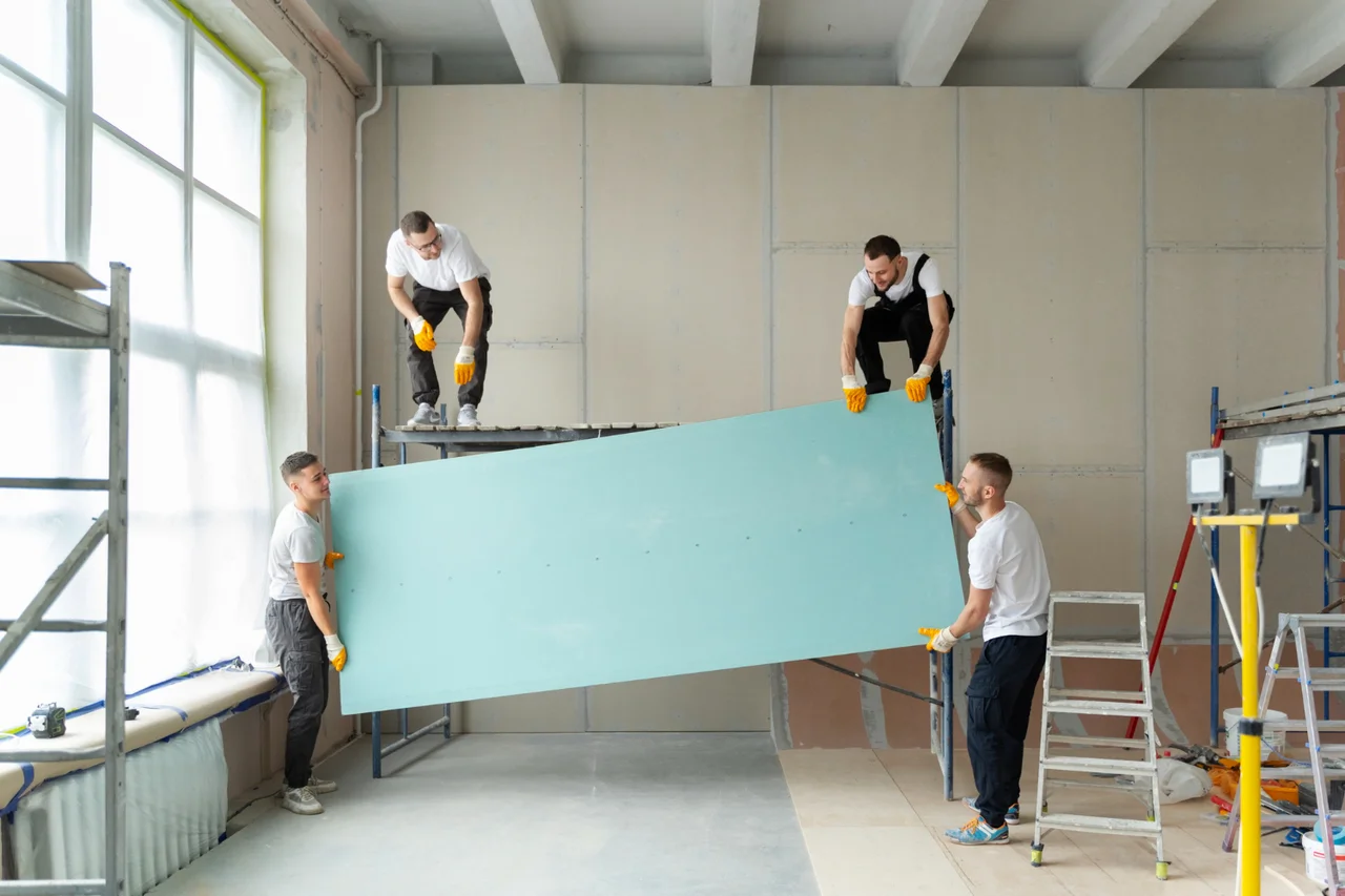 Imagem de instaladores levantando placa de drywall para colocar fixar na parede.