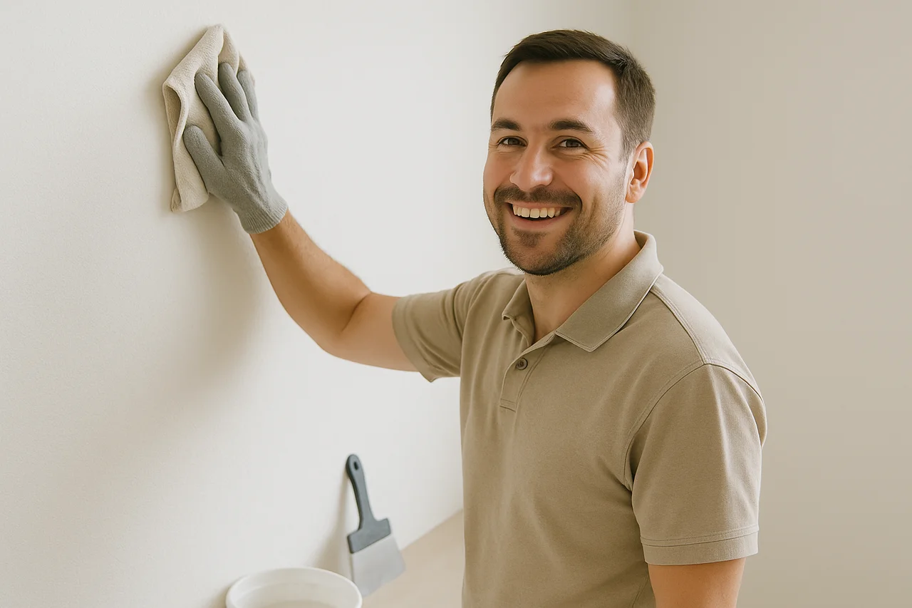 Imagem de homem satisfeito, limpando parede de drywall
